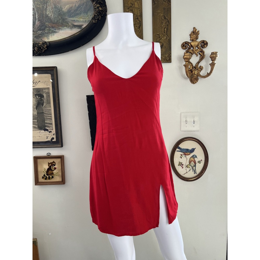 Reformation Red V-Neck Spaghetti Strap Mini Slip Dress Side Slit Womens XS 65S